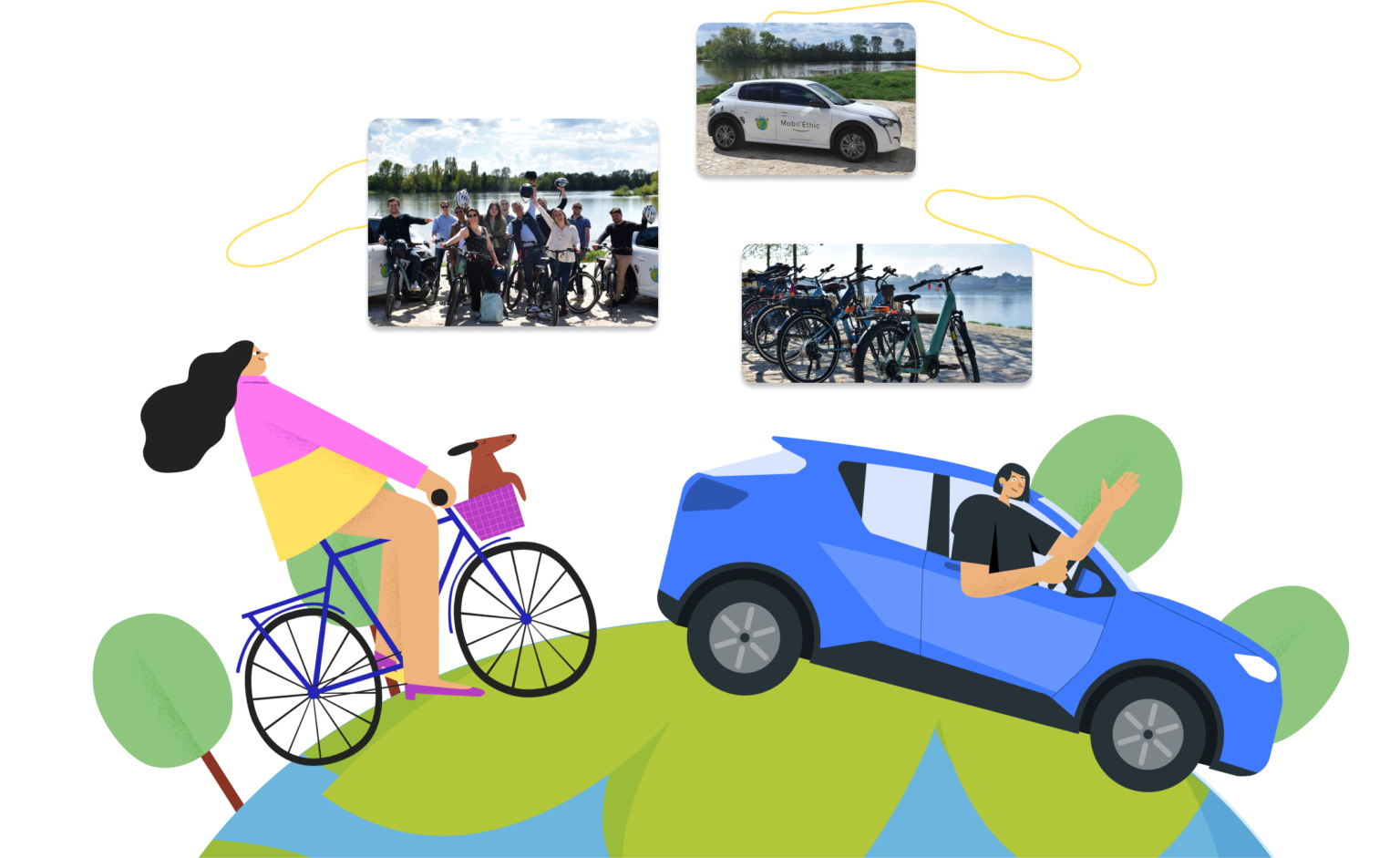 Mobilité douce et solidaire : illustration Mobil’Ethic avec vélos, voitures partagées et usagers en groupe