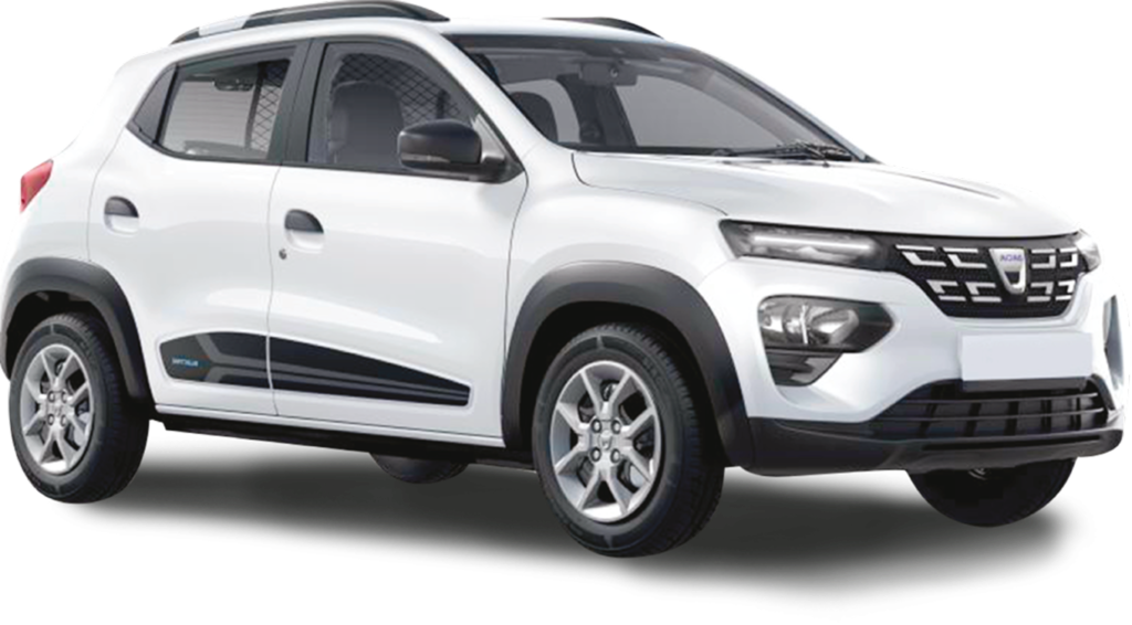 Voiture électrique blanche Dacia Spring vue de trois quarts avant